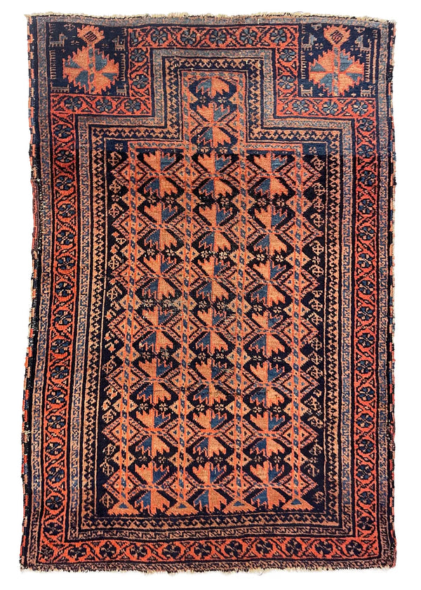 2'10"x4'2" Timuri Baluch Prayer Rug Hand Knotted