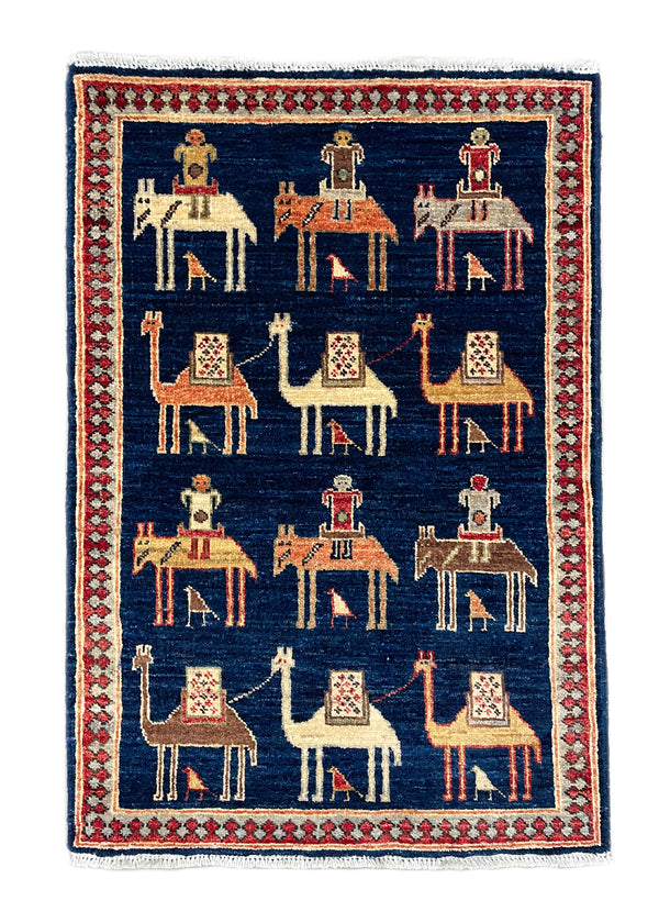 2'1"x3'1" Shah Saven Camel Procession Hand Knotted