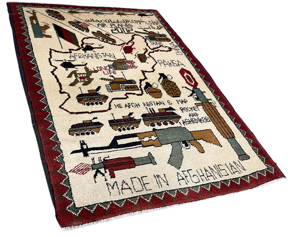 2'2"x3'2" Afghan War Rug Hand Knotted
