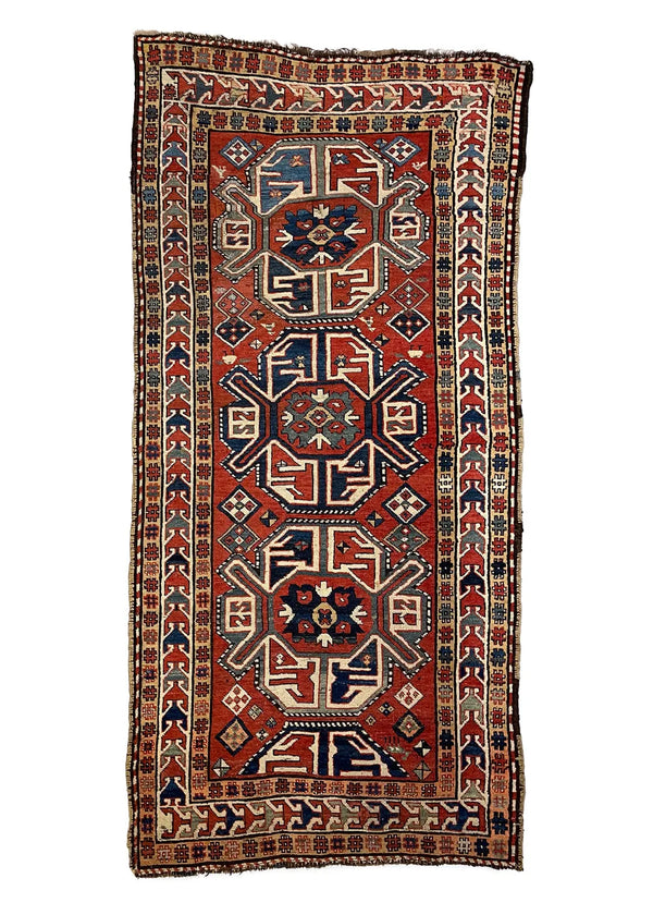 3'9"x8'4" Triple Medallion Chelaberd Karabagh Hand Knotted
