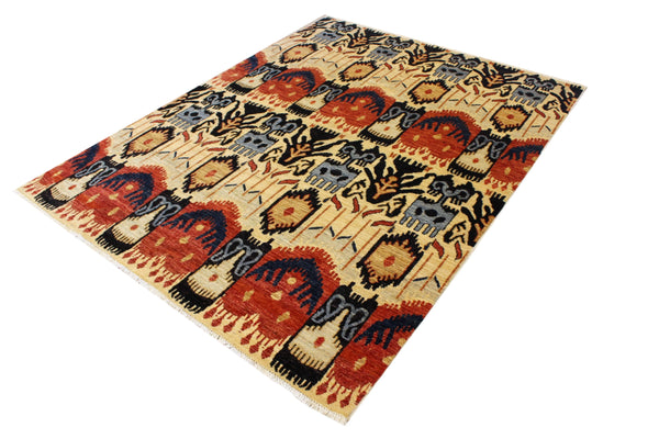 4'10"x6'3" Ikat Hand Knotted