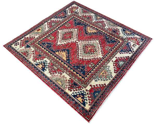 4'1"x4'2" Afghan Kazak Hand Knotted