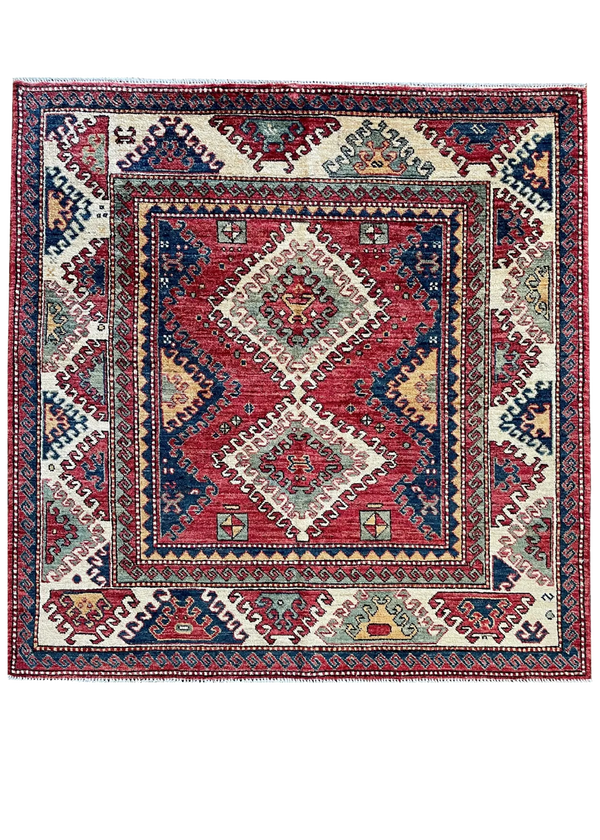 4'1"x4'2" Afghan Kazak Hand Knotted