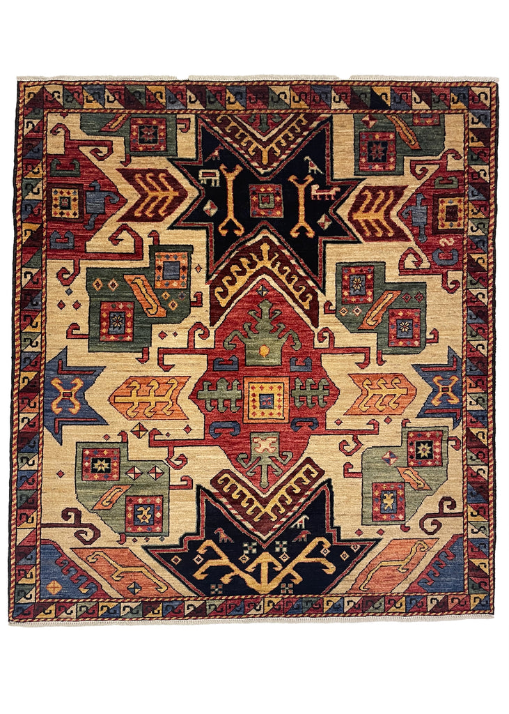 4'2"x4'8" Star Kazak Hand Knotted