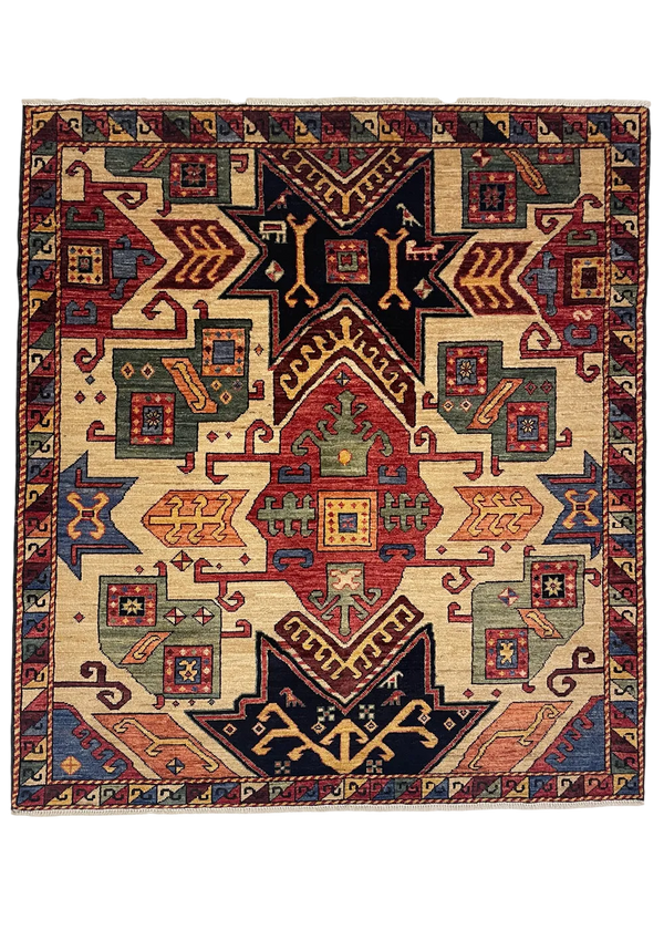 4'2"x4'8" Star Kazak Hand Knotted