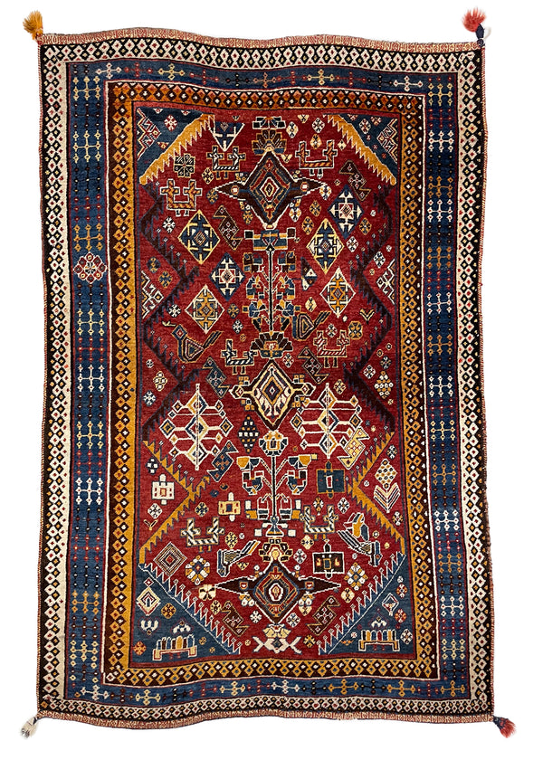 4'5"x6'7" Qashqai "Kashkuli" Hand Knotted