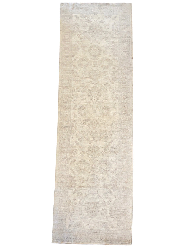 4'x12'9" White Wash Peshawar Hand Knotted