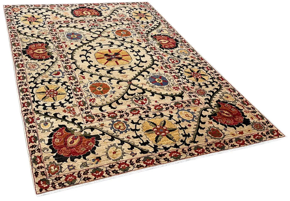 6'1"x9'3" Suzani Hand Knotted