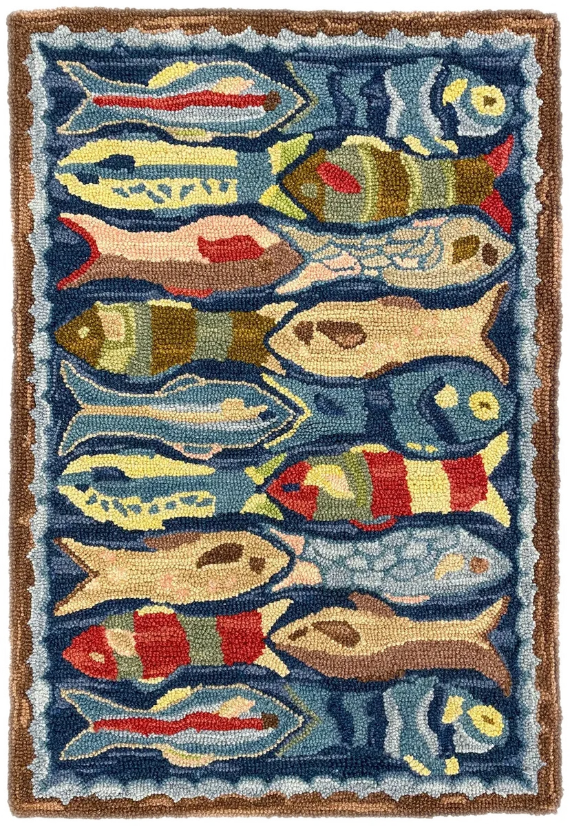 blue hand hooked wool rug blue fish Swimming Fish– Bradford's Rug Gallery