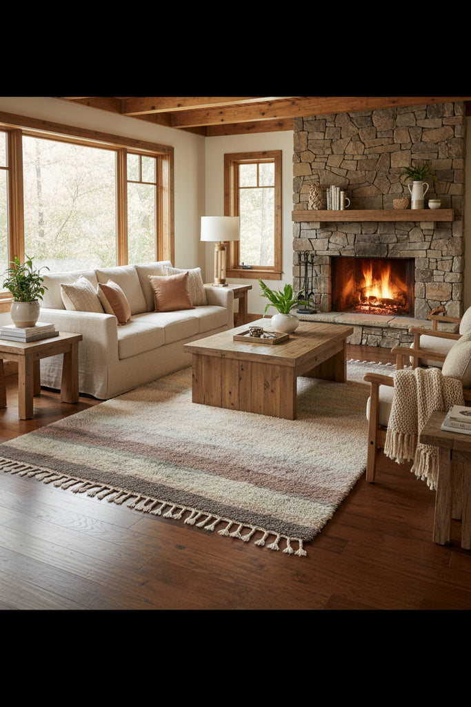 Cozy living room with stone fireplace, wooden coffee table, and comfortable seating.
