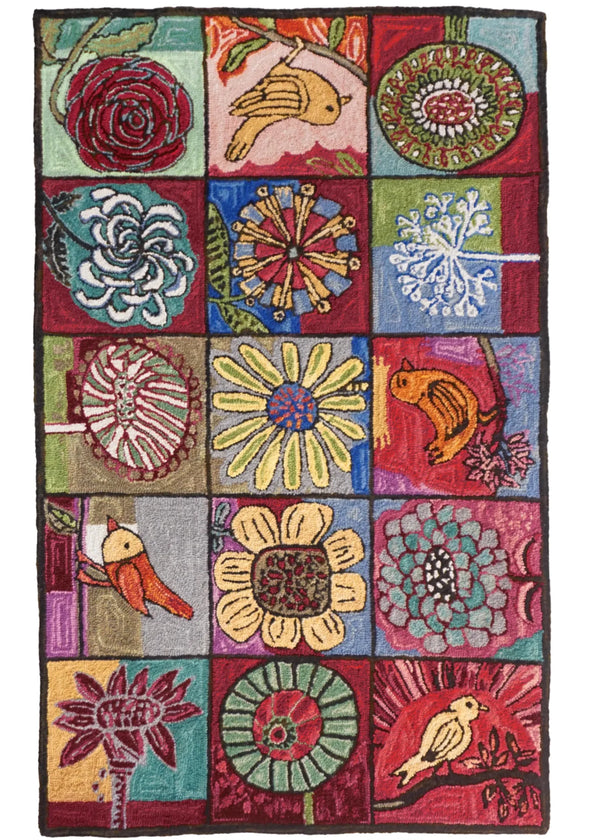 Bloomer and Birds hand hooked