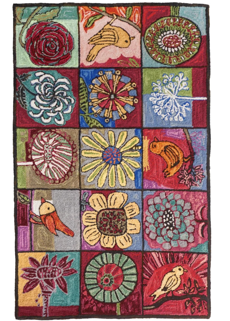 Bloomer and Birds hand hooked