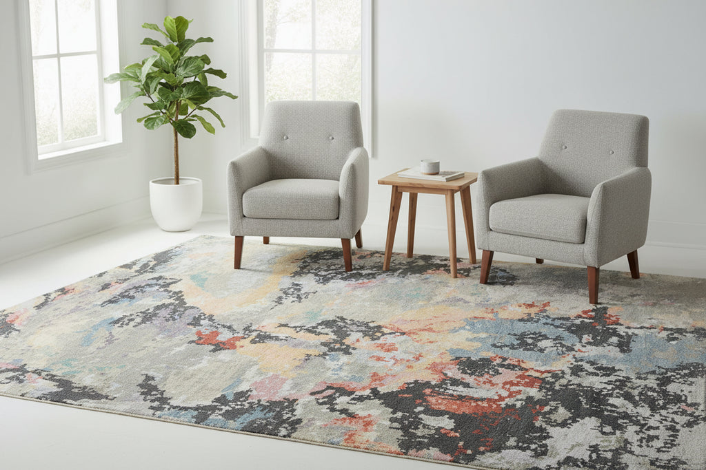 Multicolored abstract patterned rug with a mix of colors on a plain background