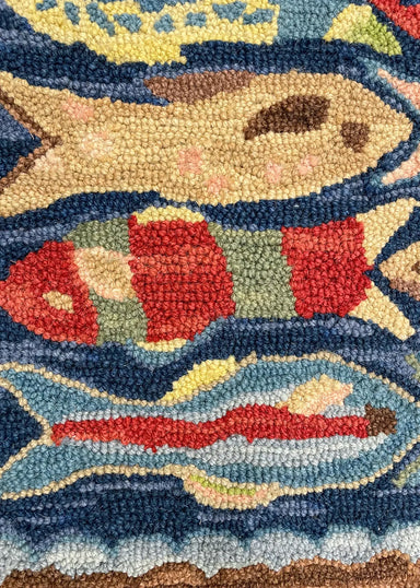 blue hand hooked wool rug blue fish Swimming Fish