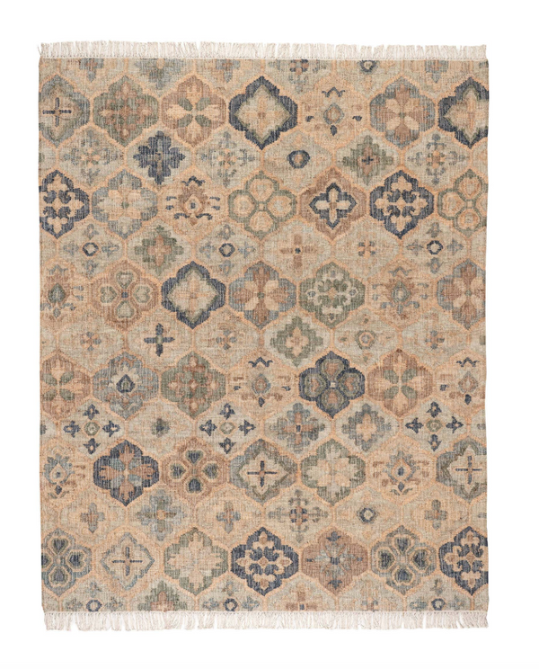 Patterned rug with geometric design on a beige background